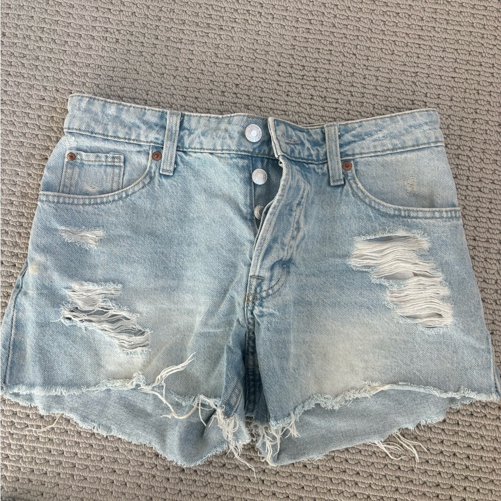 Distressed Light Blue Denim Shorts